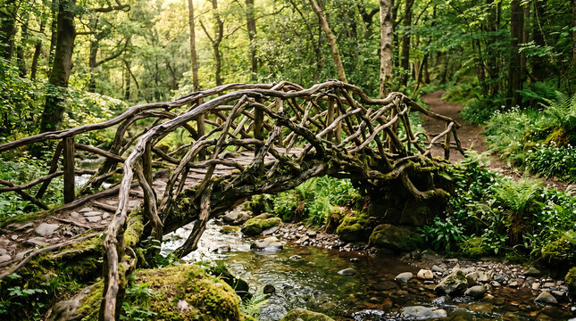An intricate, natural bridge crafted from weathered wood and moss, spanning a gentle stream in a sun-dappled forest