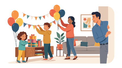 Fototapeta premium Happy family preparing a surprise birthday party with colorful balloons and decorations in a cozy living room at home