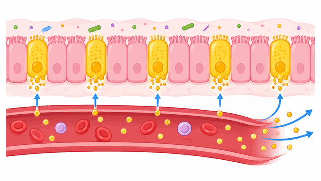 Microscopic view of nutrient absorption across intestinal cells into the bloodstream
