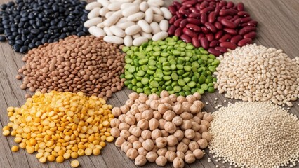 Fototapeta premium Variety of dried legumes beans and lentils on wood background