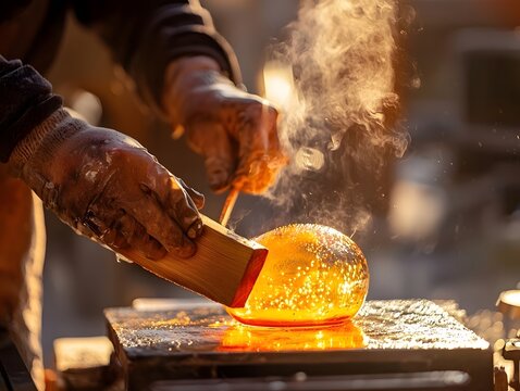 Glassblower Marvering Hot Glass on Steel Table Technique