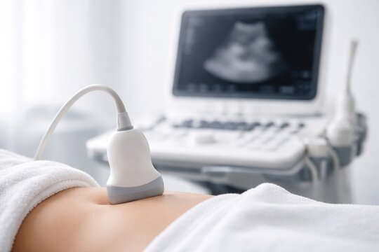 Medical ultrasound equipment scanning pregnant woman&rsquo;s abdomen in clinic setting