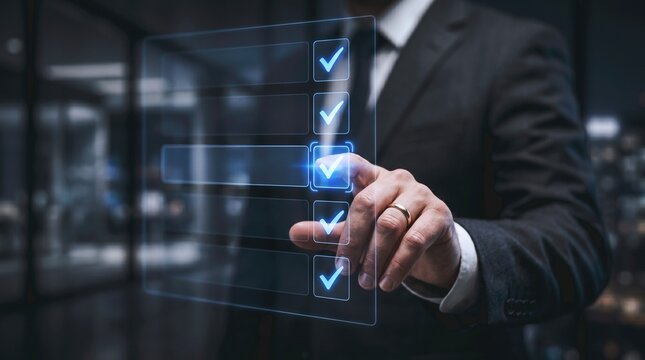 Businessman checking off virtual digital checklist on transparent screen, task management and goal completion hologram concept
