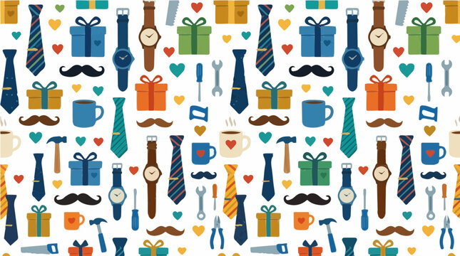 A vibrant and festive Father's Day pattern design featuring gift boxes, ties, mustaches, watches, and tools, celebrating dads