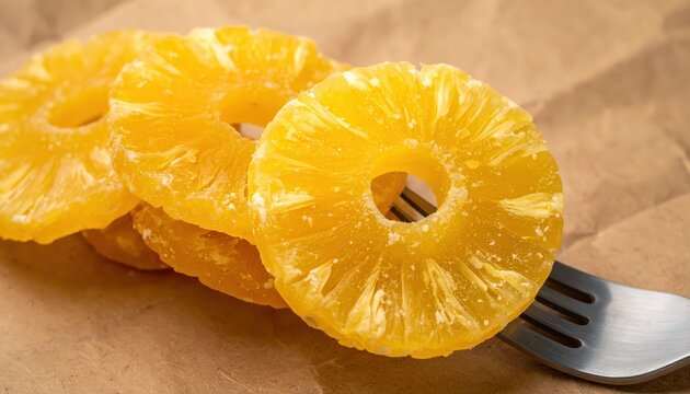 Dehydrated Caramelized Pineapple Rings Stacked on a Fork Showing Chewy Texture
