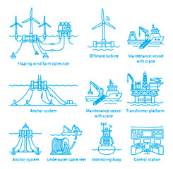 Collection of blue line depicting offshore wind energy infrastructure, maintenance vessels with cranes, transformer platforms, and buoys © David