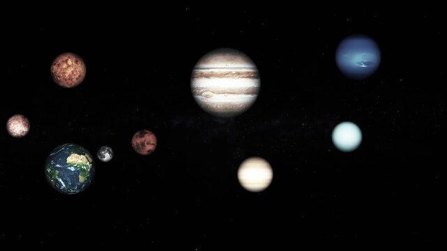 Solar system planets aligned on starry space background animation