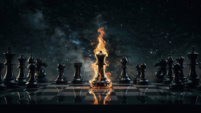 A burning black chess queen piece standing on a chessboard against a starry night sky background