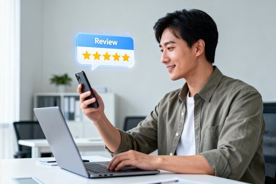 Man giving five-star review on smartphone in office