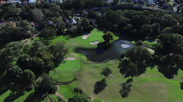 Cinematic flyover of golf course, Sydney NSW