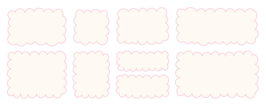 Cute pastel fluffy label set. Hand drawn cloud frames, pink rectangular and square badges. Girly speech bubbles, sticker tags, border templates.