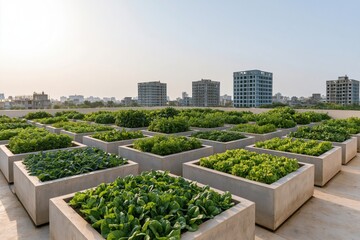 Fototapeta premium Rooftop garden with organic vegetable farming in sustainable urban city planters