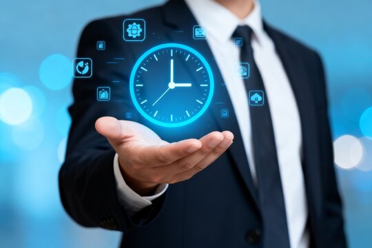 Businessman Holding Digital Clock with Icons