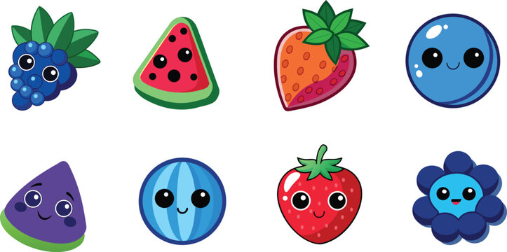 Cute cartoon fruit stickers with funny faces including strawberry watermelon and blueberry