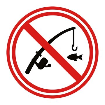 No Fishing Prohibited Sign With Red Circle And Diagonal Bar Over Fishing Rod Icon