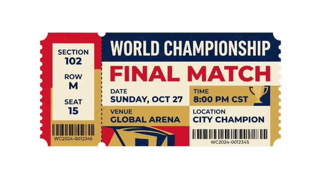 World Championship Final Match Ticket Global Arena City Champion Sunday Oct 27 800 PM CST Section 102 Row M Seat 15 2026 soccer world championship tournament