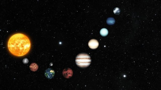 Solar system illustration with sun and planets aligned animation