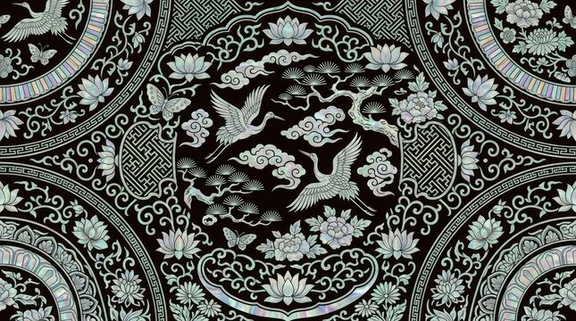 Mother of pearl inlaid art with cranes and florals
