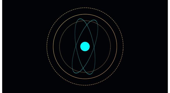 Minimalist atom model animation with rotating orbital rings on animation black background