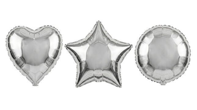 Three silver foil balloons heart star round