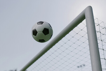 Classic soccer ball hitting the top corner of a football goalpost against a bright sky. Perfect shot capturing a dramatic scoring moment, victory, or successful striking during a match © alones