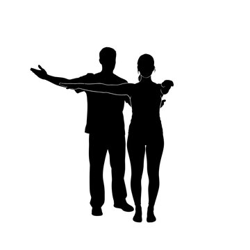 Elegant silhouette of a man guiding a woman in a dance-like pose or balance exercise, symbolizing partnership, support, and synchronized movement for fitness or artistic expression