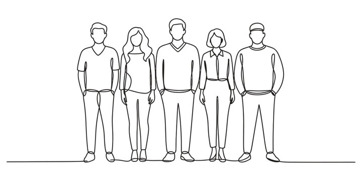 Group of diverse people standing together in a single continuous line drawing