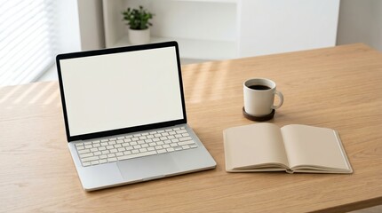Fototapeta premium Minimalist desk with laptop notebook cup for modern workspace concept