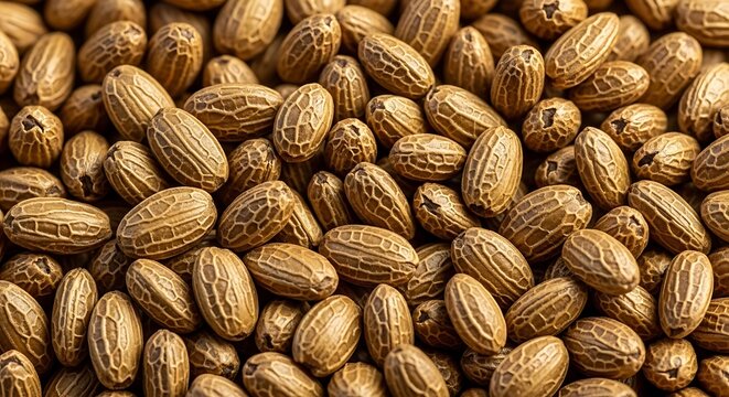 A detailed close-up shot showcasing a dense pile of Camelina sativa seeds, highlighting their unique golden-brown texture and agricultural harvest pattern