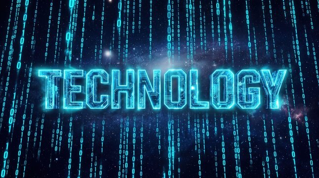 Technology word with glowing circuit board texture and falling digital binary code