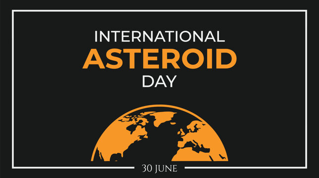 International asteroid day graphic featuring bold orange typography and a stylized earth hemisphere icon set against a dark black background to commemorate the annual global awareness event on June.