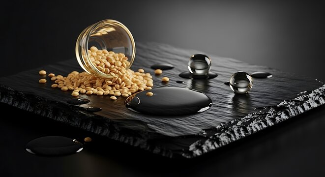 Camelina sativa seeds spilling from a glass bowl onto a textured dark slate surface with droplets of golden oil in a professional studio photography shot.
