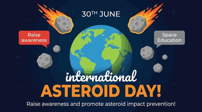 A vibrant flat vector illustration featuring a stylized colorful planet earth surrounded by numerous grey rocky asteroids with flaming tails designed for international asteroid day awareness.