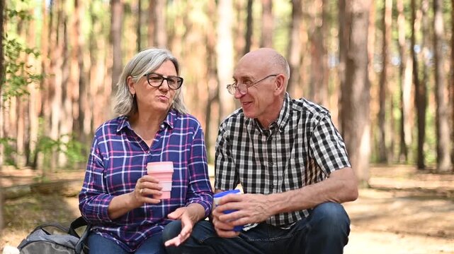 Elderly couple drinking beverage and relaxing in peaceful pine video Full HD forest