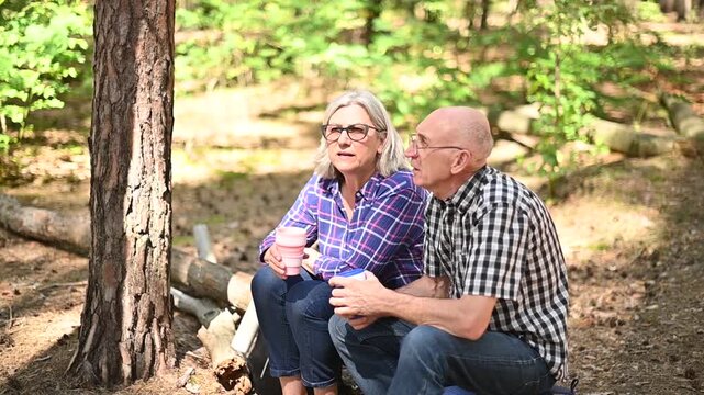 Elderly couple drinking beverage and relaxing in peaceful pine Full HD forest video