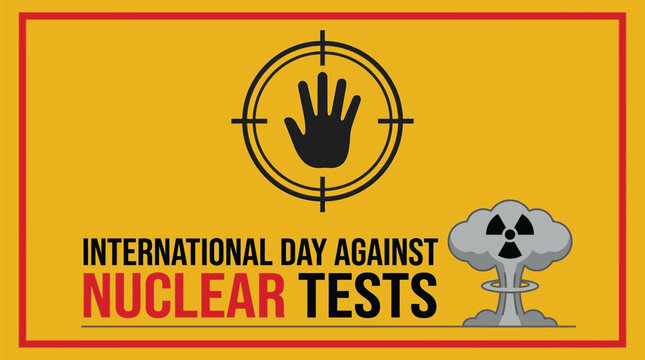 A bold graphic design poster featuring a black human hand silhouette inside a circular target scope with a mushroom cloud icon illustrating the international day against dangerous nuclear weapon tests