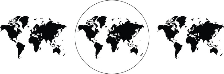 Planet icon set, outline globe and world map icons representing Earth travel geography global networking and international business themes. © Doa