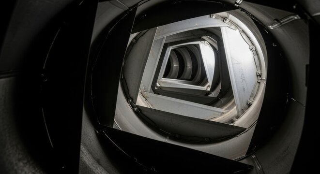Detailed interior view of an industrial metal ventilation duct with visible baffles creating geometric patterns and airflow pathways