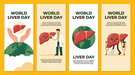Fototapeta premium A collection of four vertical banners featuring stylized human liver illustrations for world liver day awareness campaigns with medical themes including a doctor with a stethoscope and injured liver.