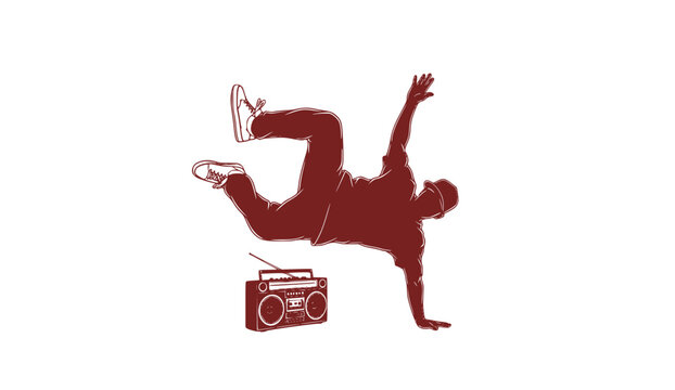 Dynamic breakdancing silhouette with boombox urban street art action pose isolated on white background
