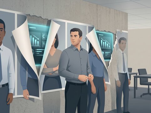 Team portraits peeling from office wall revealing headcount dashboard concept