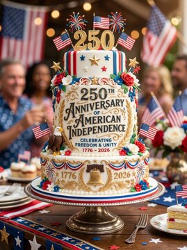 Multilayered cake for 250th anniversary of American independence with patriotic decorations. Celebration of freedom and unity in United States. Festive dessert for July 4th event.