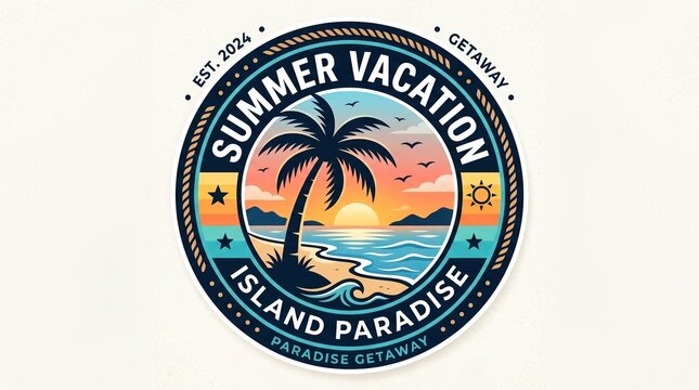 Summer vacation badge, island paradise logo, tropical getaway emblem, beach travel sticker
