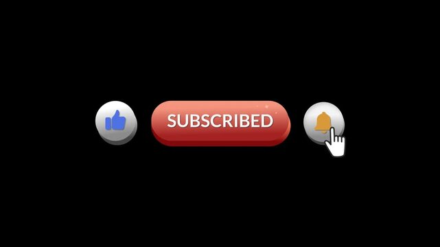 Subscribe, like with thumps up and notification bell click animation with alpha channel, transparent background.
