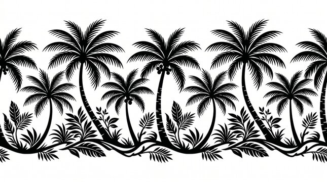 Tropical palm tree border, black silhouette, palm trees and leaves, jungle foliage, decorative design element