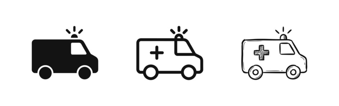 Ambulance Van Icon Set - Medical Emergency and Rescue Vehicle Vector Illustration