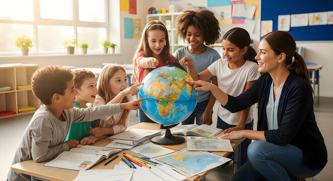 Children and teacher exploring world globe in classroom