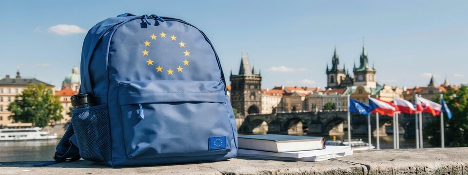 Backpack with european union flag symbol, books, and flags of european countries in the background of prague city