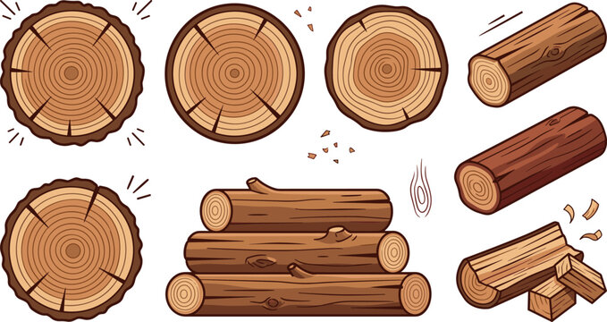 Wood Logs and Tree Rings Vector Illustration Set
