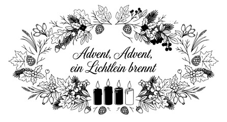 Minimal Advent greeting card vector with German holiday text candles and winter foliage © Liton